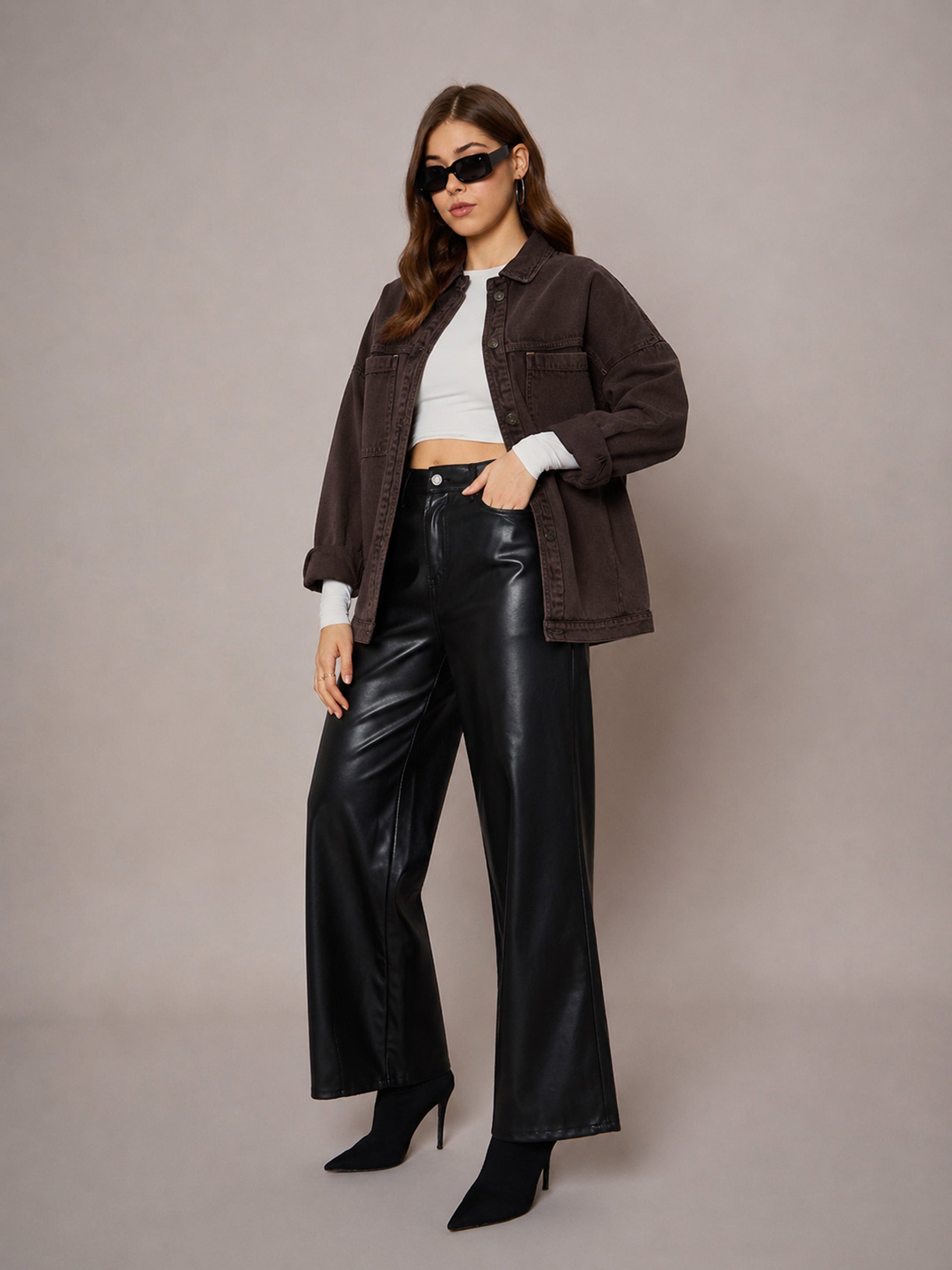 DesiQlo Brown Denim Oversized Jacket - Brown