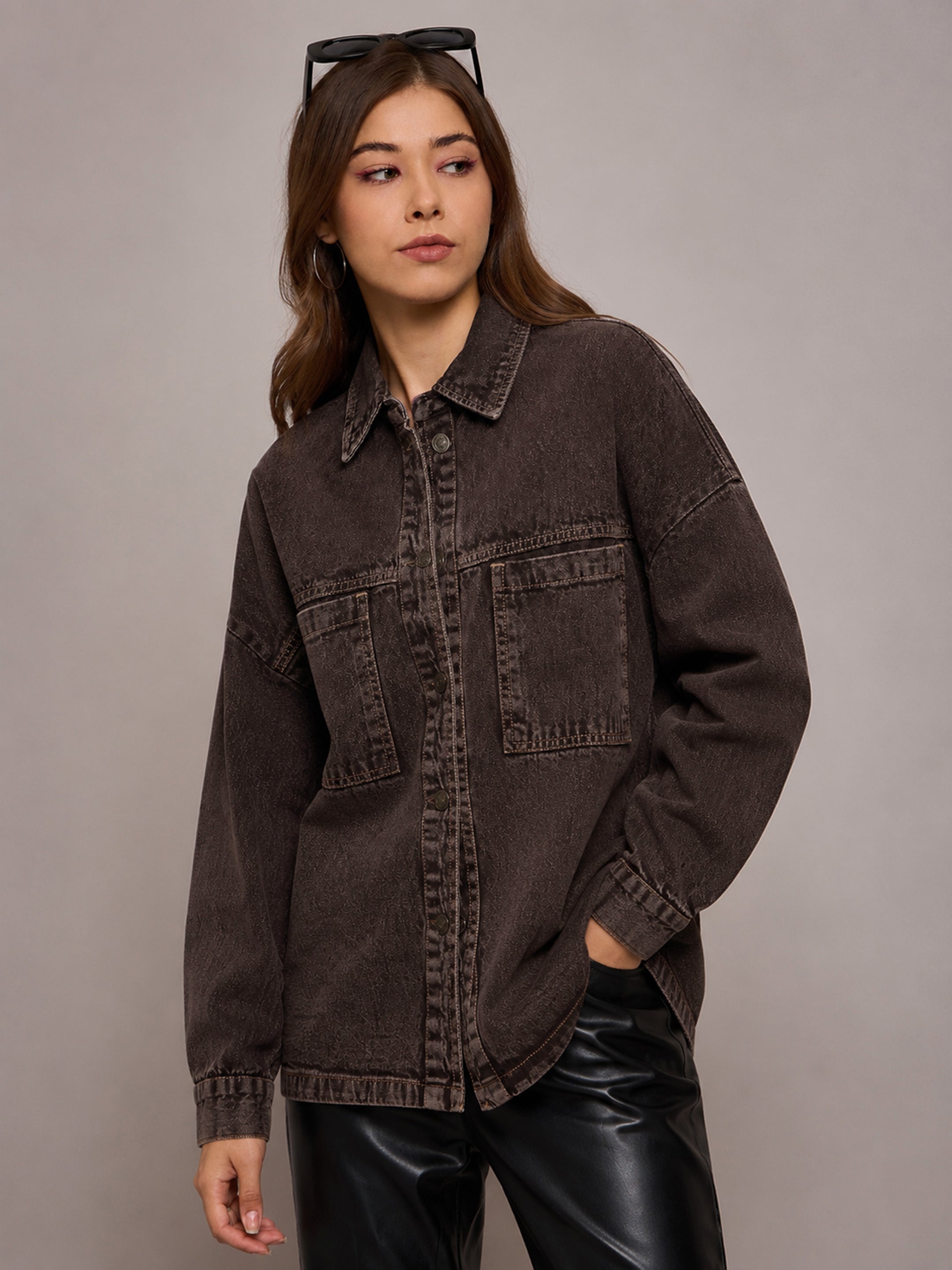 DesiQlo Brown Denim Oversized Jacket - Brown