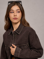 Women Brown Denim Oversized Jacket