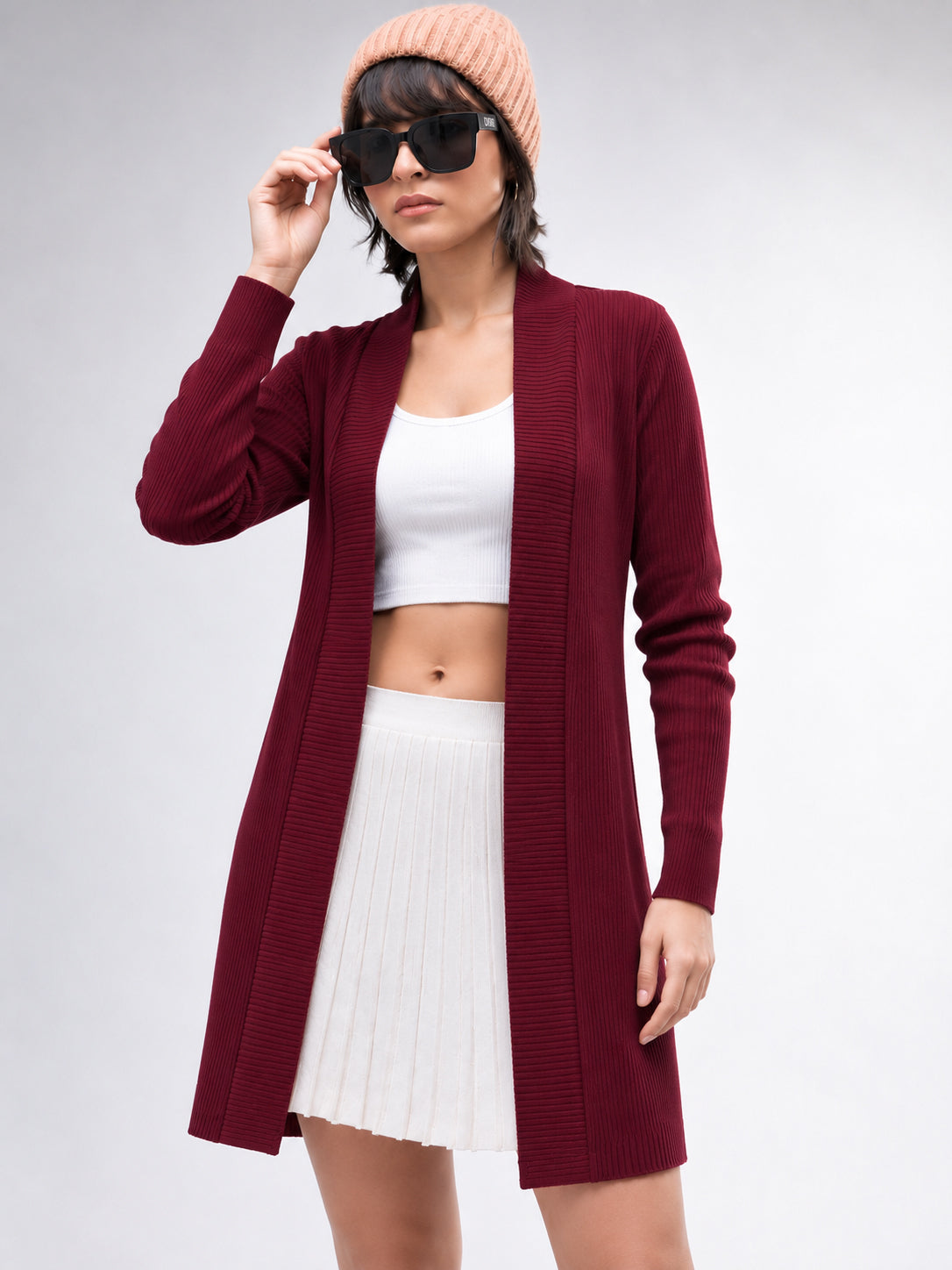 Women Maroon Full Sleeves Rib Shrug