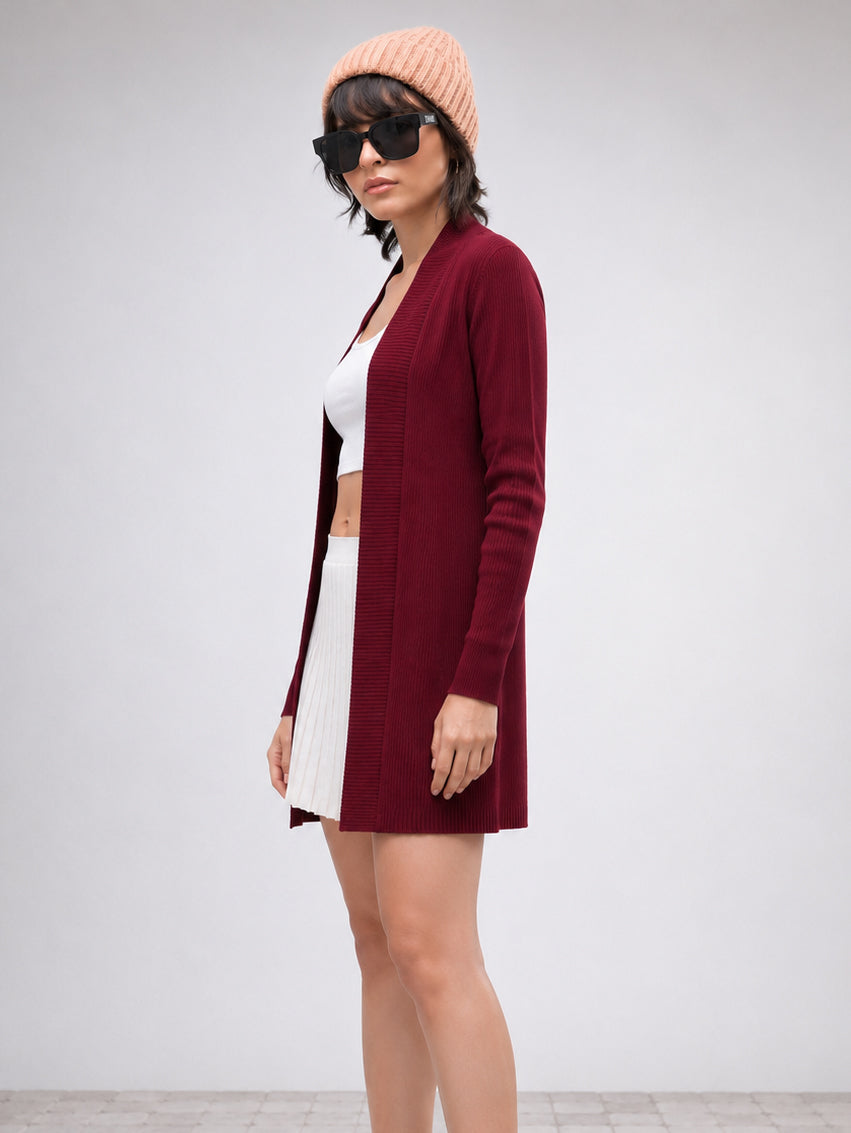 DesiQlo Maroon Full Sleeves Rib Shrug - Maroon