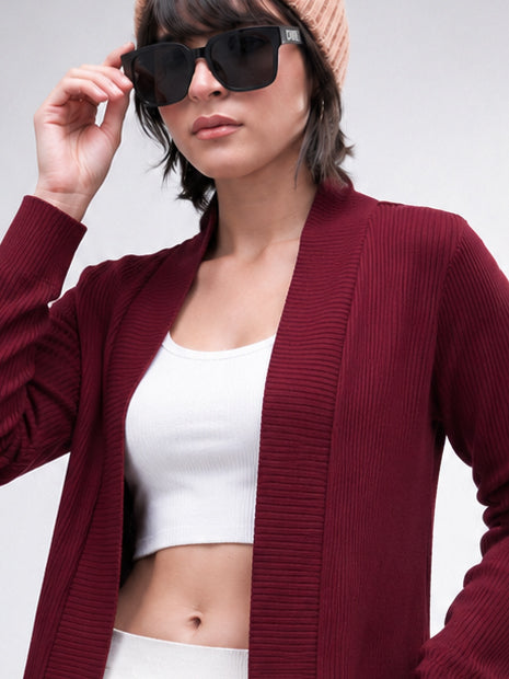 DesiQlo Maroon Full Sleeves Rib Shrug - Maroon