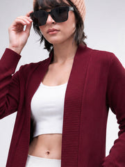 Women Maroon Full Sleeves Rib Shrug