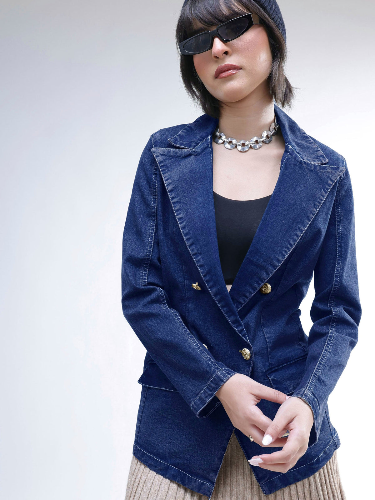 Women Navy Denim Notch Collar Oversize Blazer