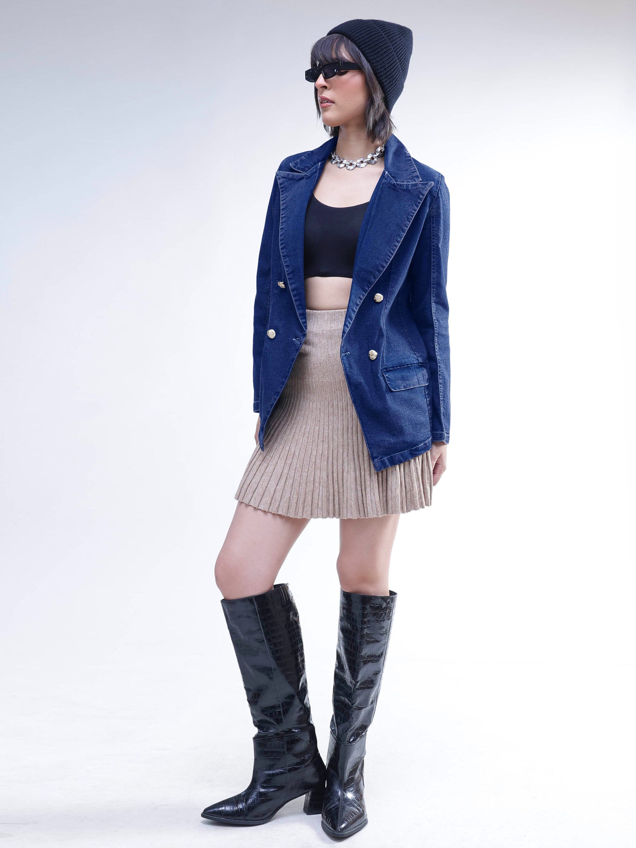 DesiQlo Navy Denim Notch Collar Oversize Blazer - Navy Blue