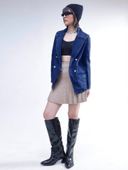 Women Navy Denim Notch Collar Oversize Blazer