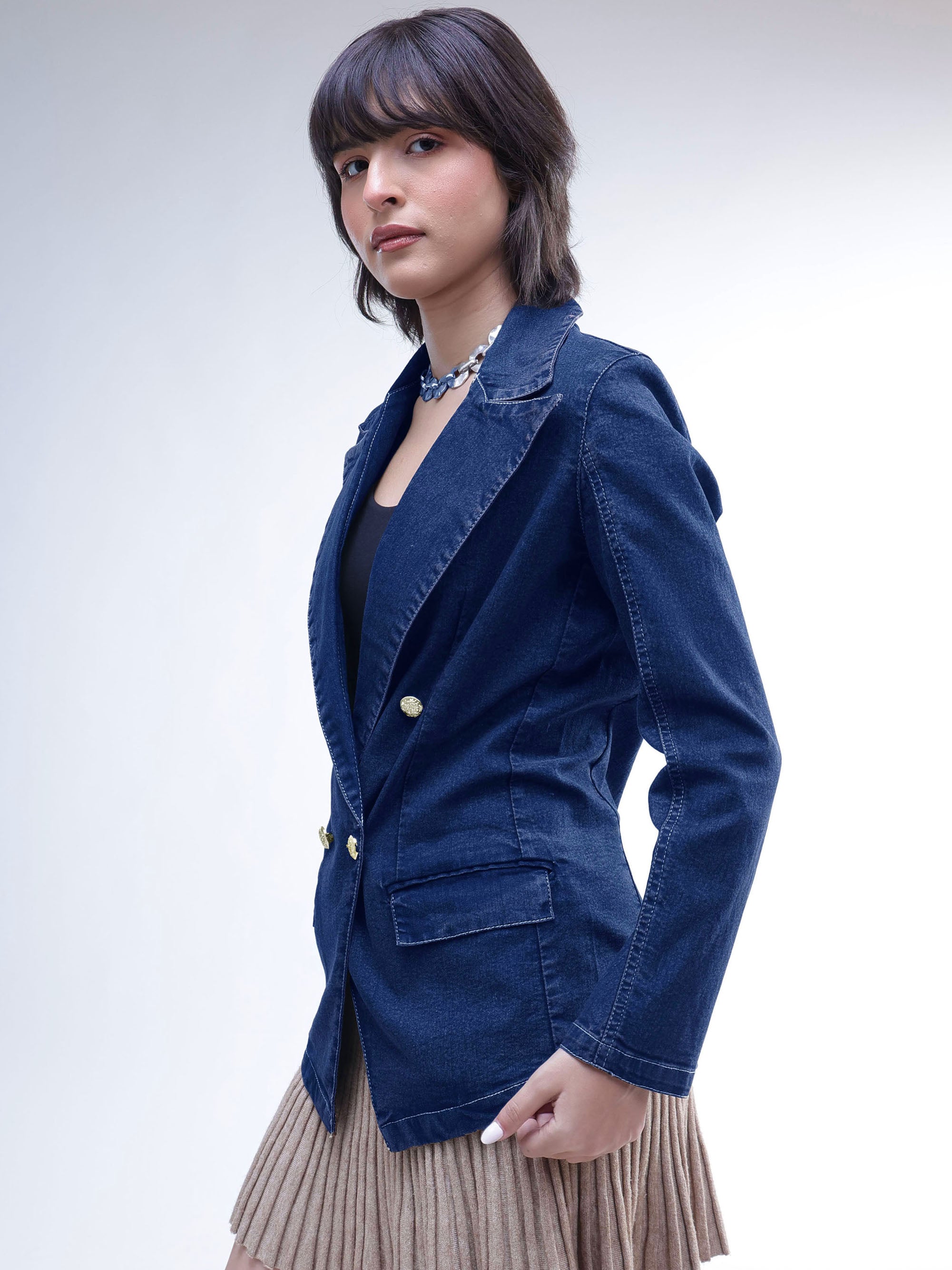 DesiQlo Navy Denim Notch Collar Oversize Blazer - Navy Blue