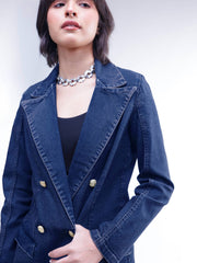 Women Navy Denim Notch Collar Oversize Blazer