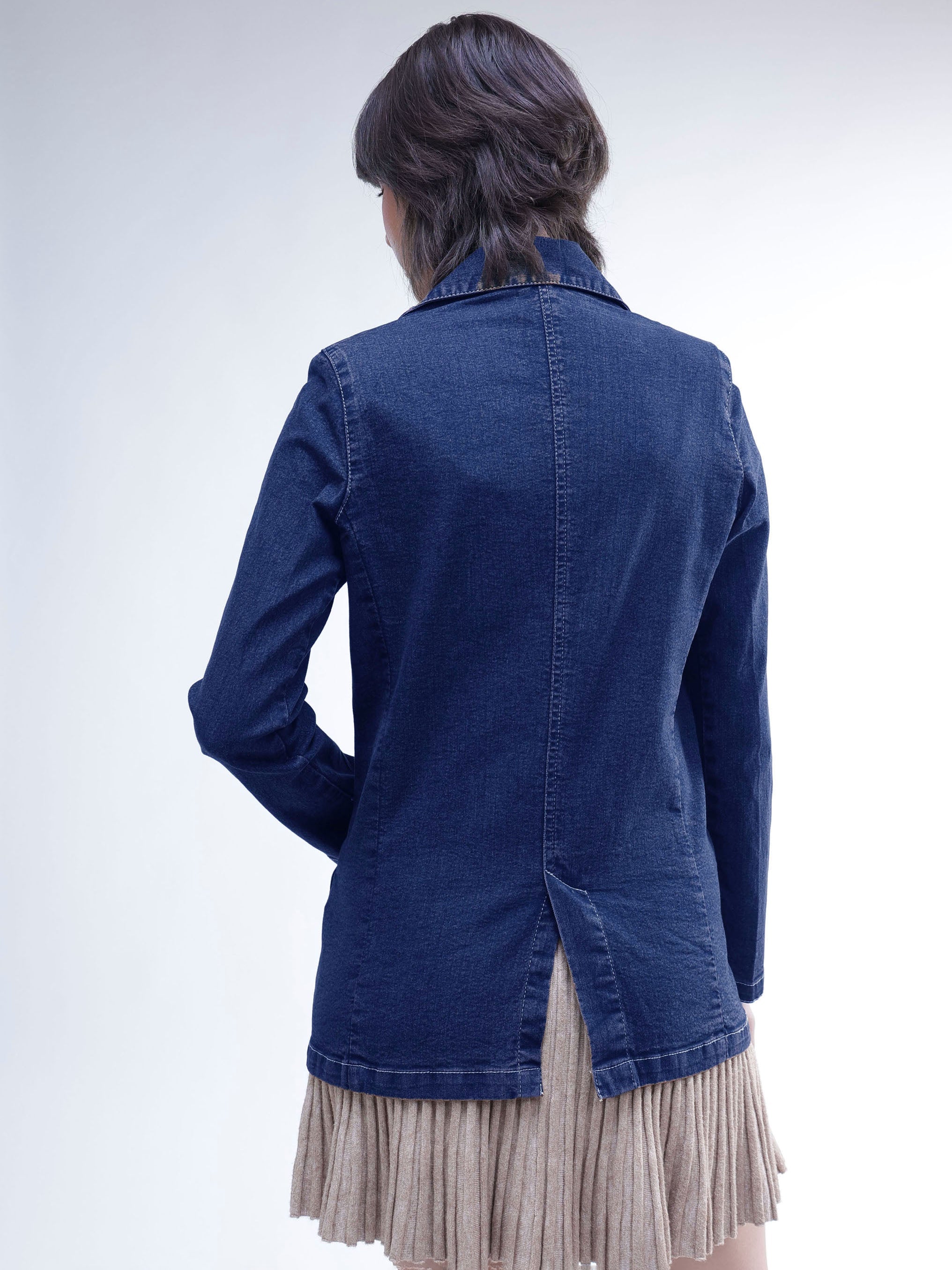 DesiQlo Navy Denim Notch Collar Oversize Blazer - Navy Blue