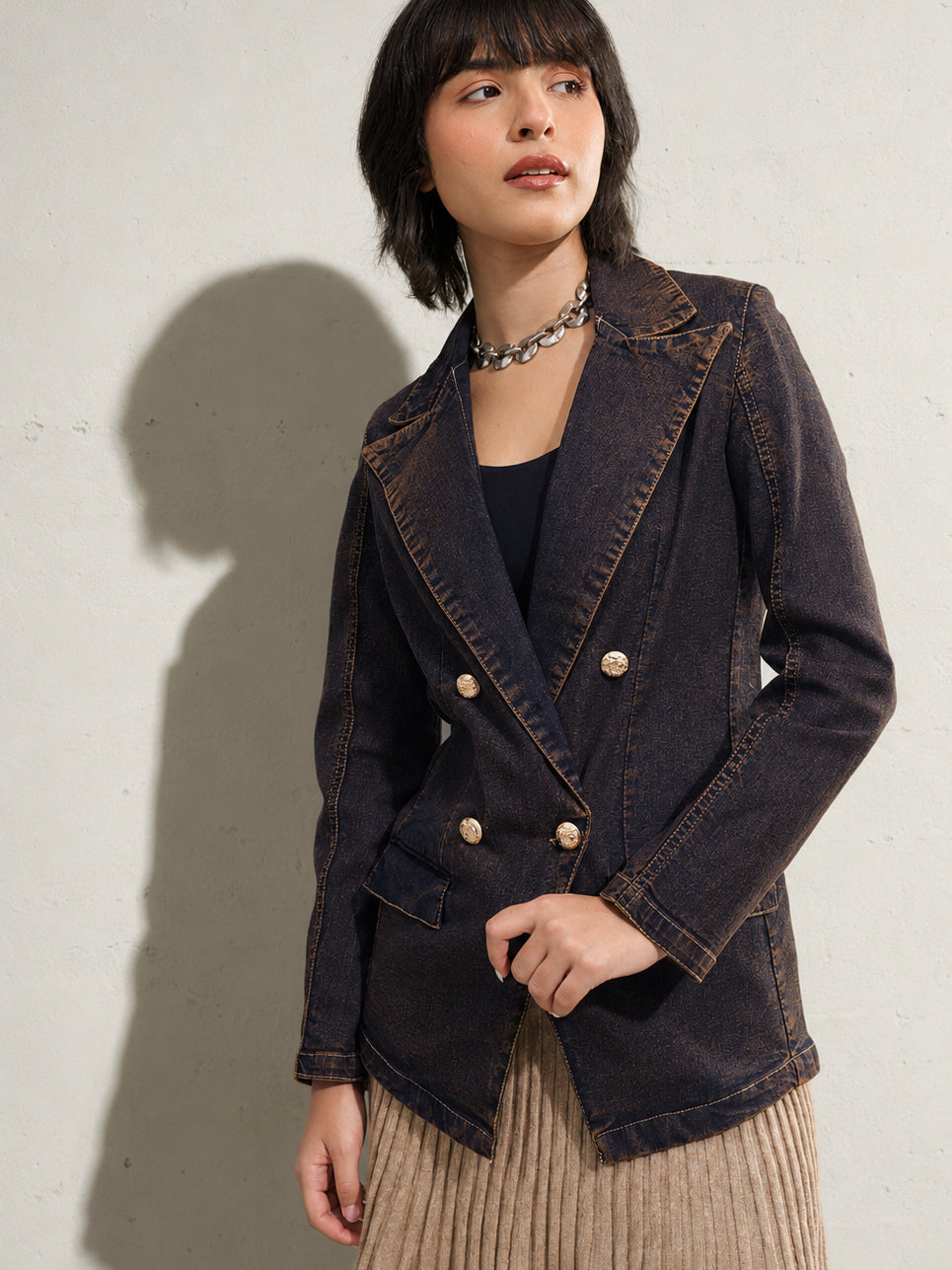 DesiQlo Navy With Green Acid Wash Notch Collar Oversize Blazer - 