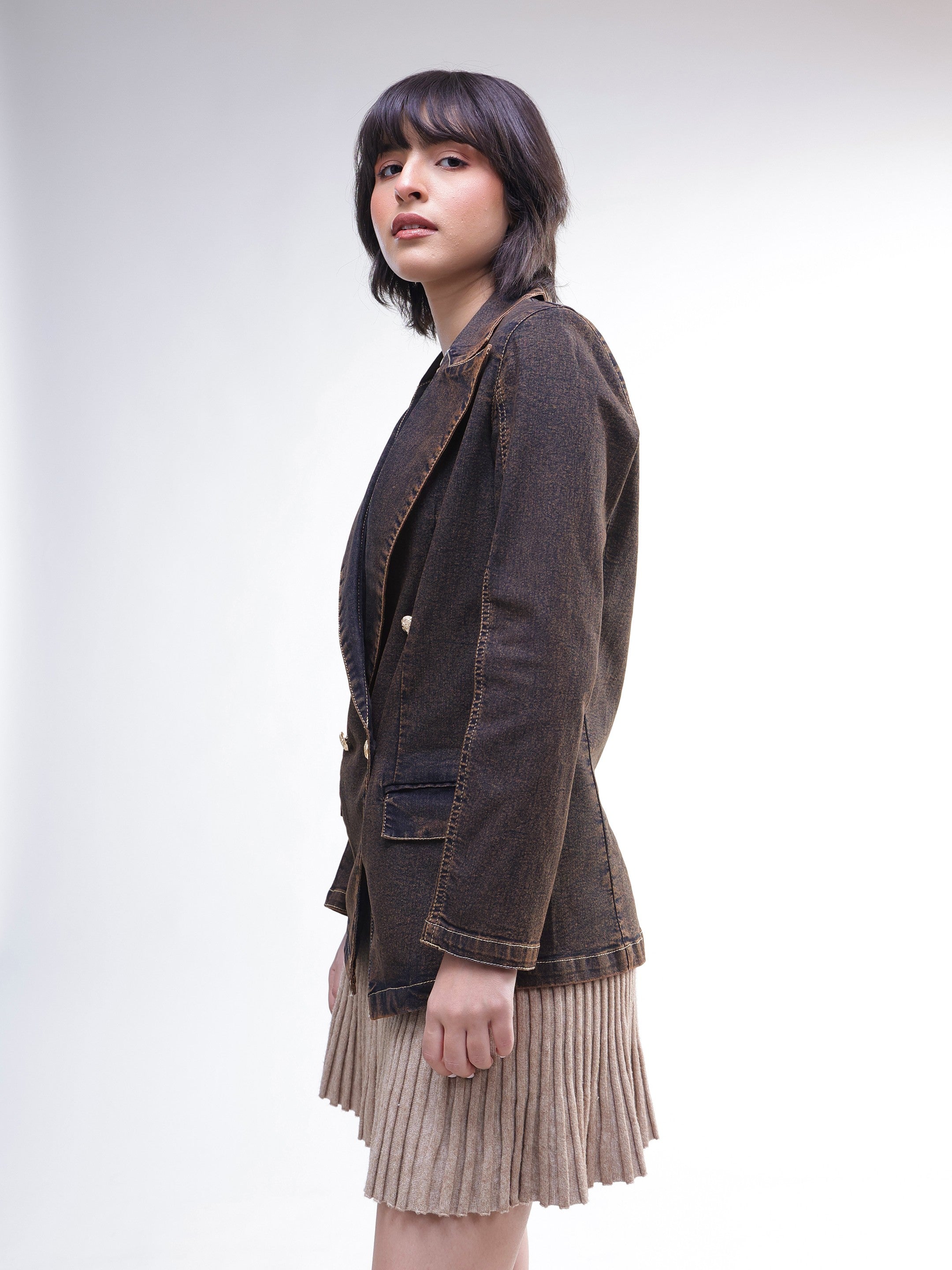 DesiQlo Navy With Green Acid Wash Notch Collar Oversize Blazer - 