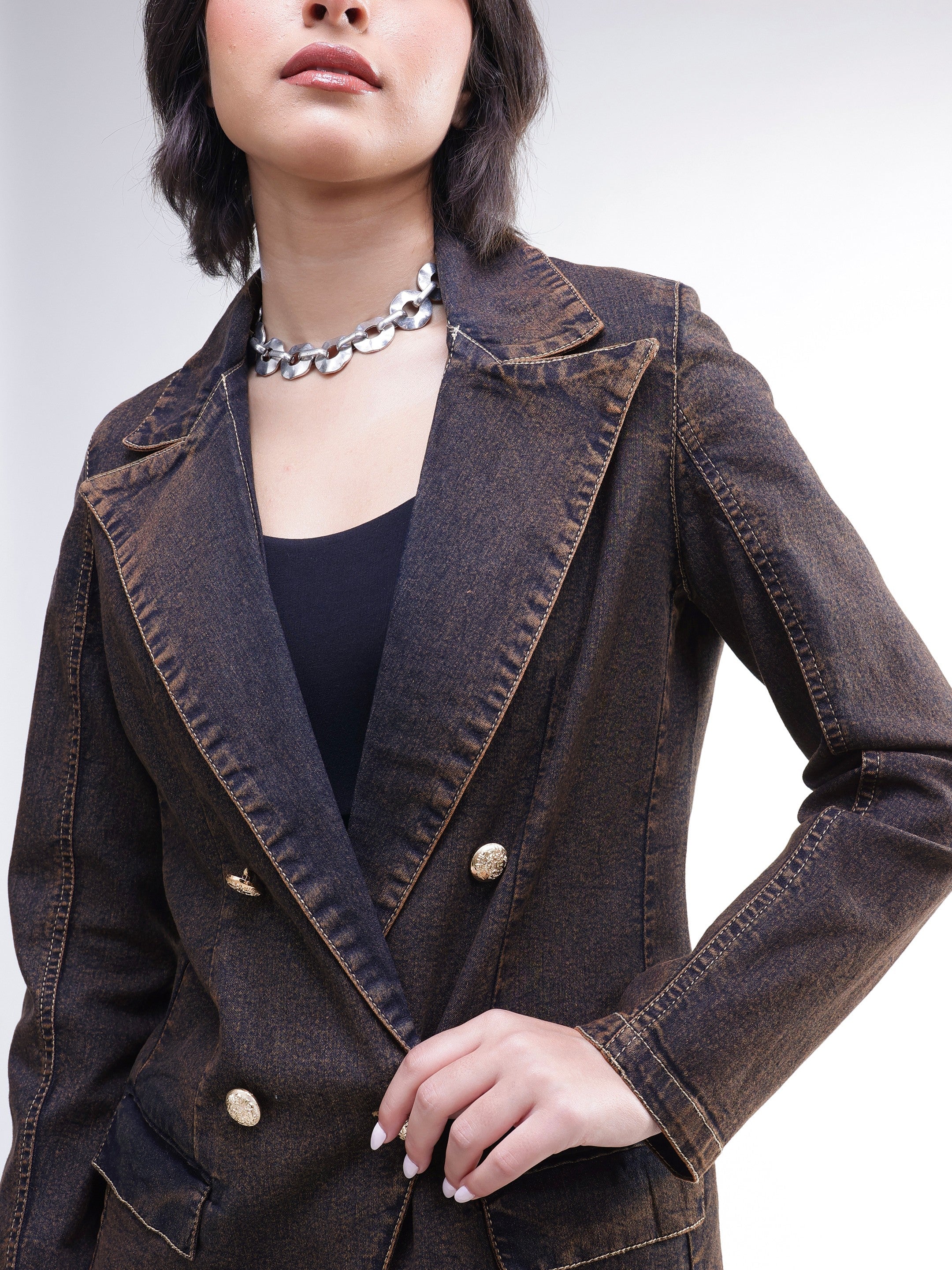 DesiQlo Navy With Green Acid Wash Notch Collar Oversize Blazer - 