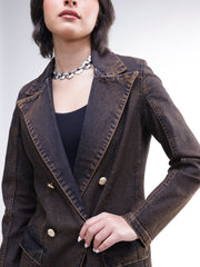 Women Navy With Green Acid Wash Notch Collar Oversize Blazer