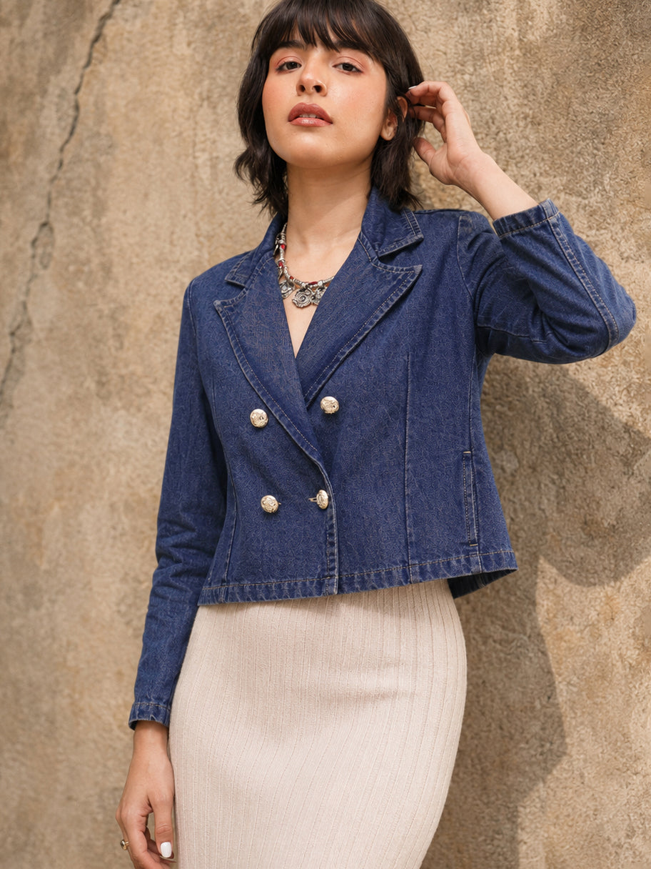 DesiQlo Blue Washed Denim Notch Collar Crop Blazer - Blue