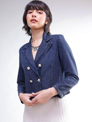 Women Blue Washed Denim Notch Collar Crop Blazer