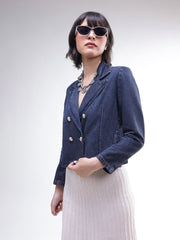 Women Blue Washed Denim Notch Collar Crop Blazer