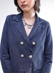 Women Blue Washed Denim Notch Collar Crop Blazer