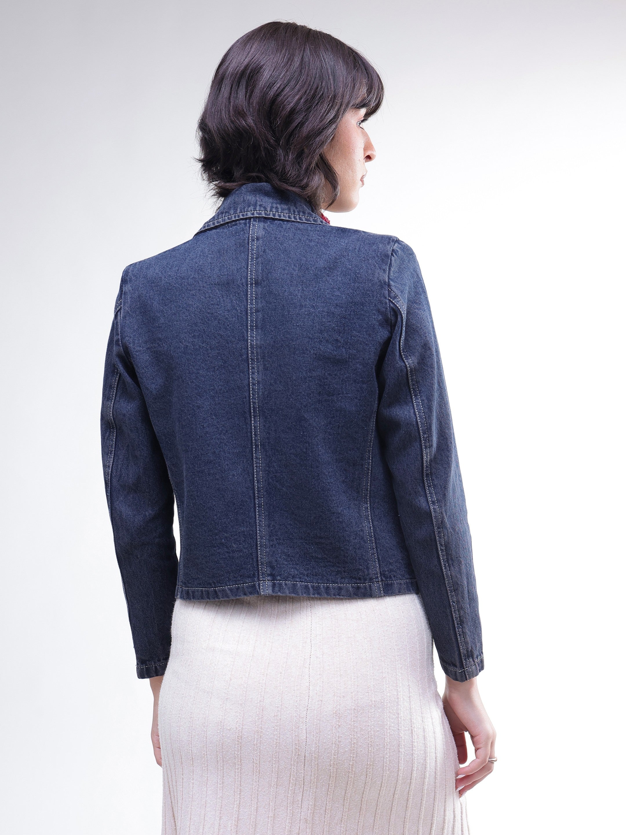 DesiQlo Blue Washed Denim Notch Collar Crop Blazer - Blue