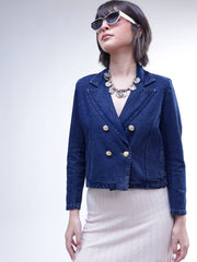 Women Navy Denim Notch Collar Crop Blazer
