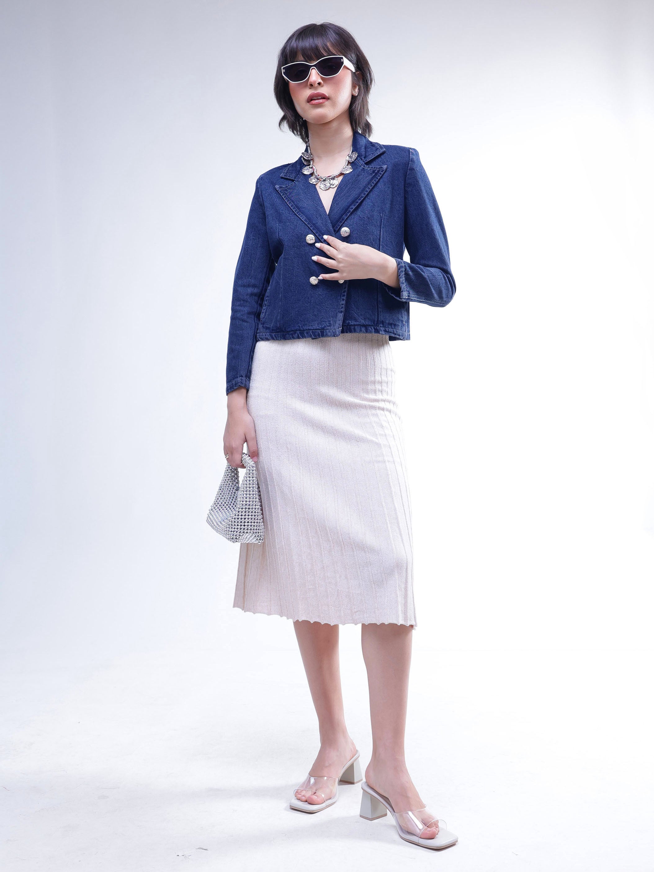 DesiQlo Navy Denim Notch Collar Crop Blazer - Navy Blue