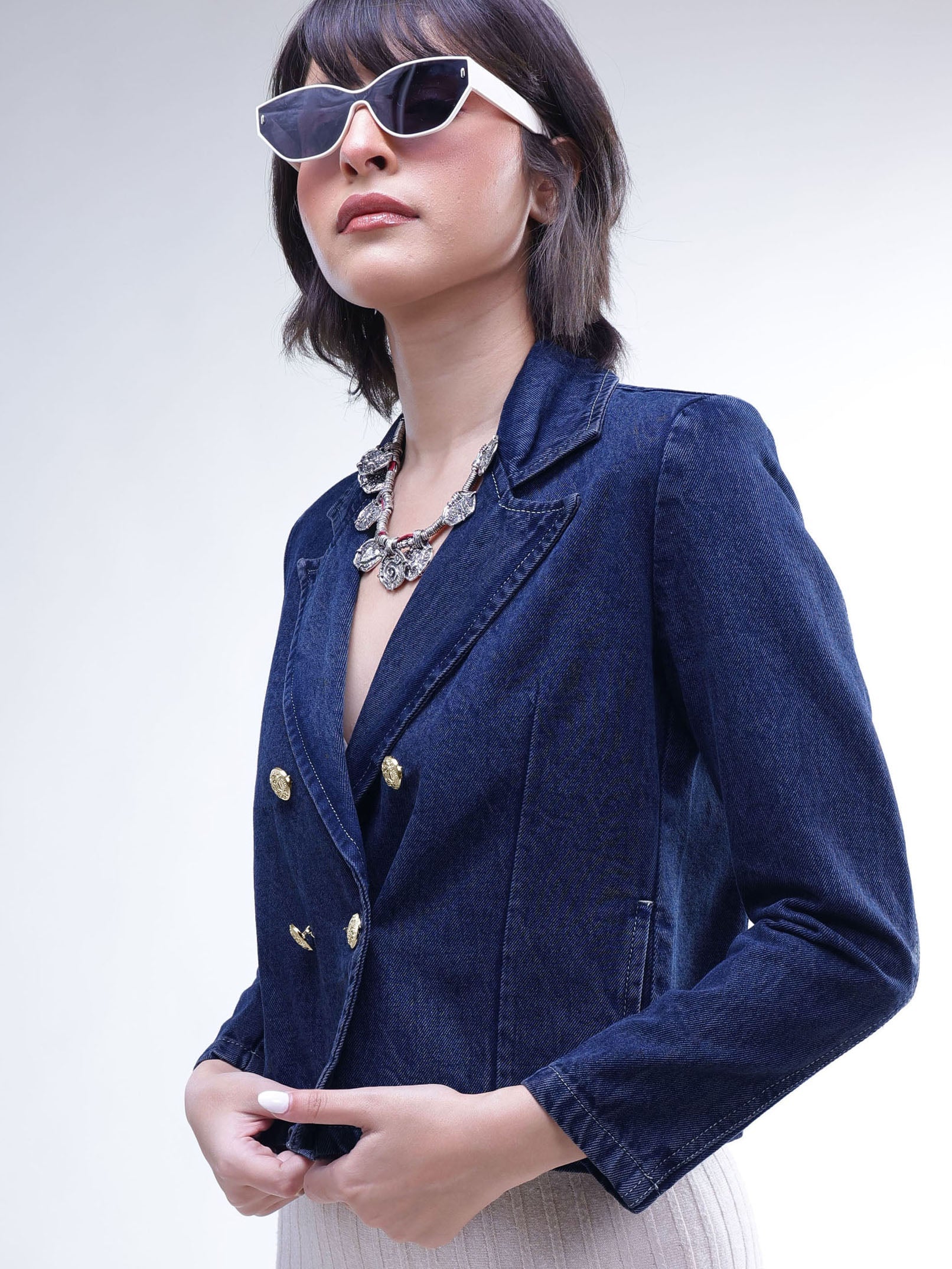 DesiQlo Navy Denim Notch Collar Crop Blazer - Navy Blue