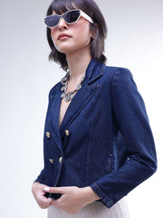 Women Navy Denim Notch Collar Crop Blazer