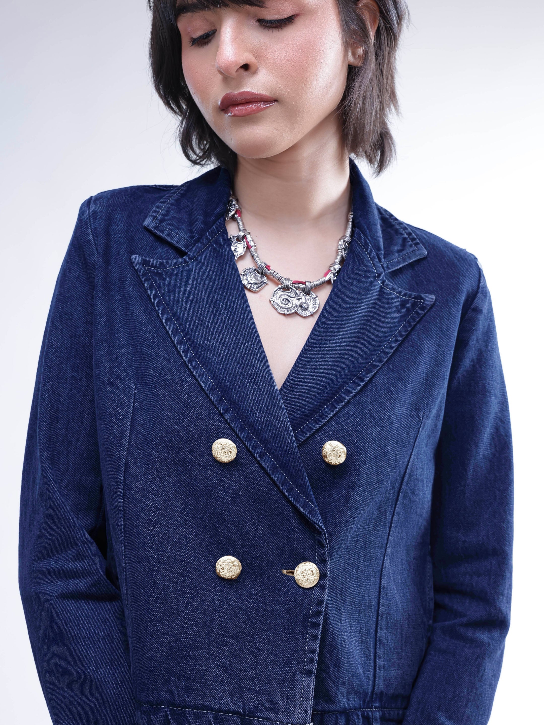 DesiQlo Navy Denim Notch Collar Crop Blazer - Navy Blue