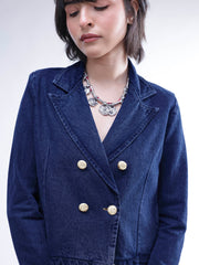 Women Navy Denim Notch Collar Crop Blazer