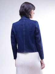 Women Navy Denim Notch Collar Crop Blazer