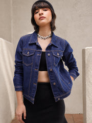Women Navy Denim Regular Jacket
