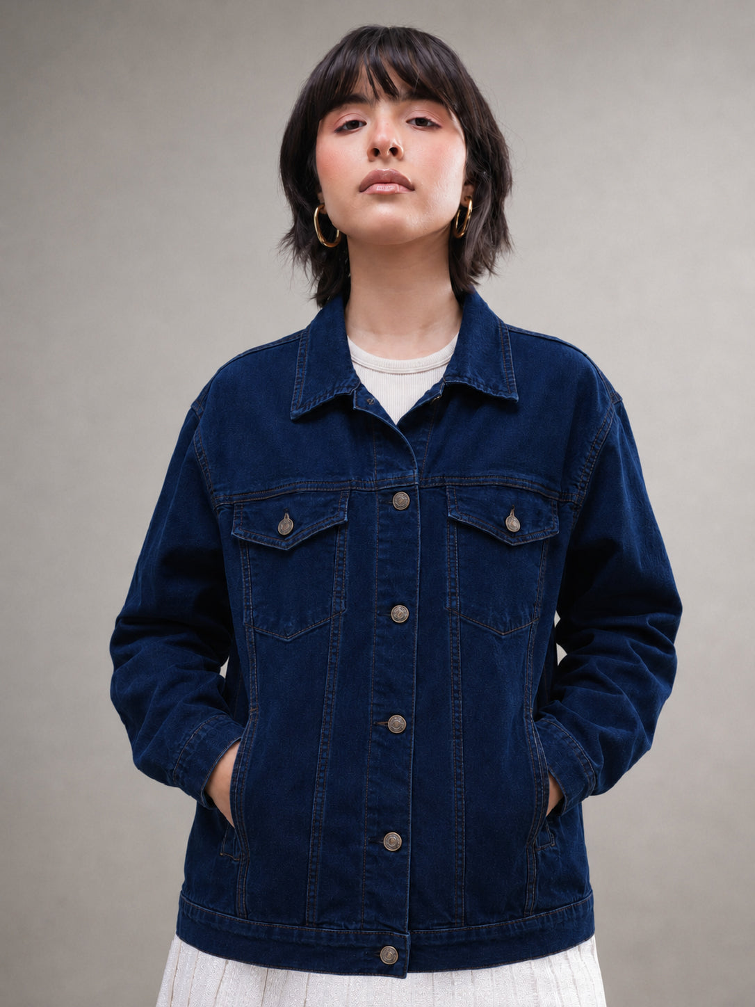 Women Navy Wash Denim Oversized Jacket