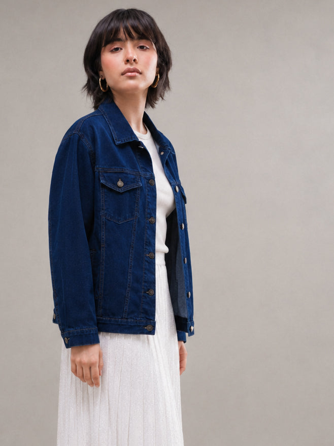 DesiQlo Navy Wash Denim Oversized Jacket - Navy Blue
