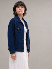 Women Navy Wash Denim Oversized Jacket