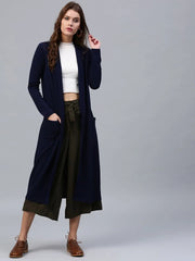 Women Solid Navy Full Sleeve Jacket