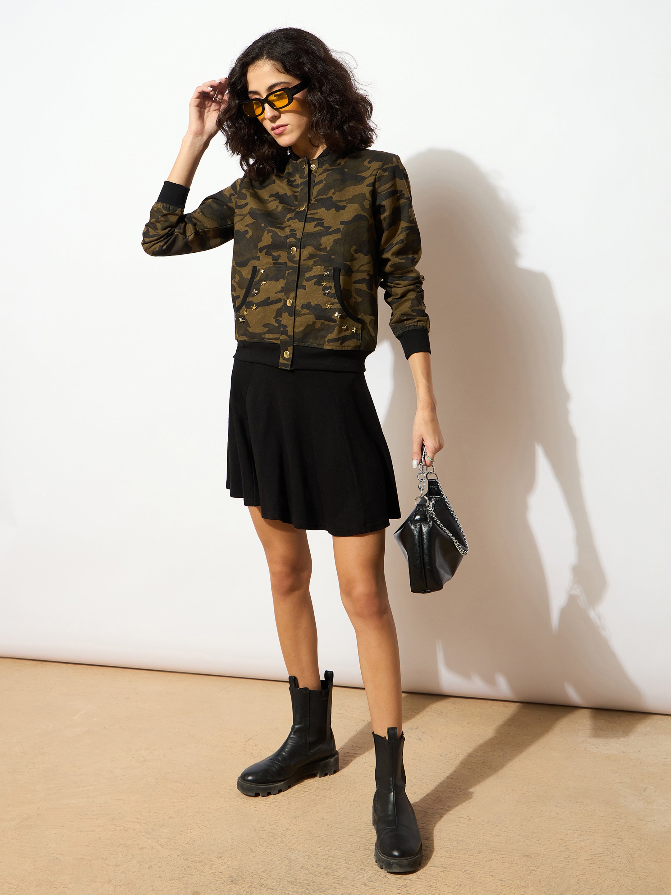 Women Camouflage Buttoned Bomber Jacket-SFJCKT6144