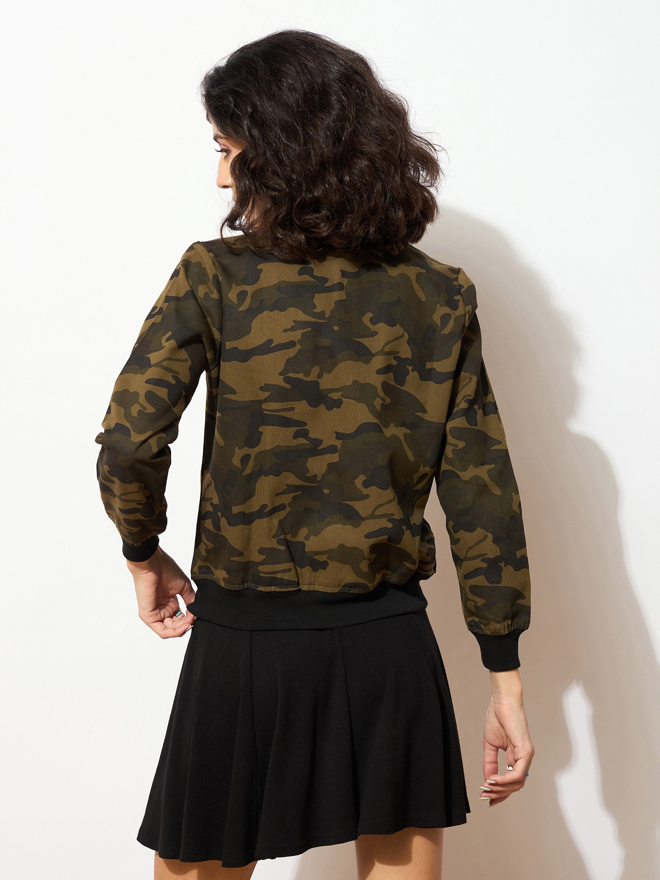 Women Camouflage Buttoned Bomber Jacket-SFJCKT6144