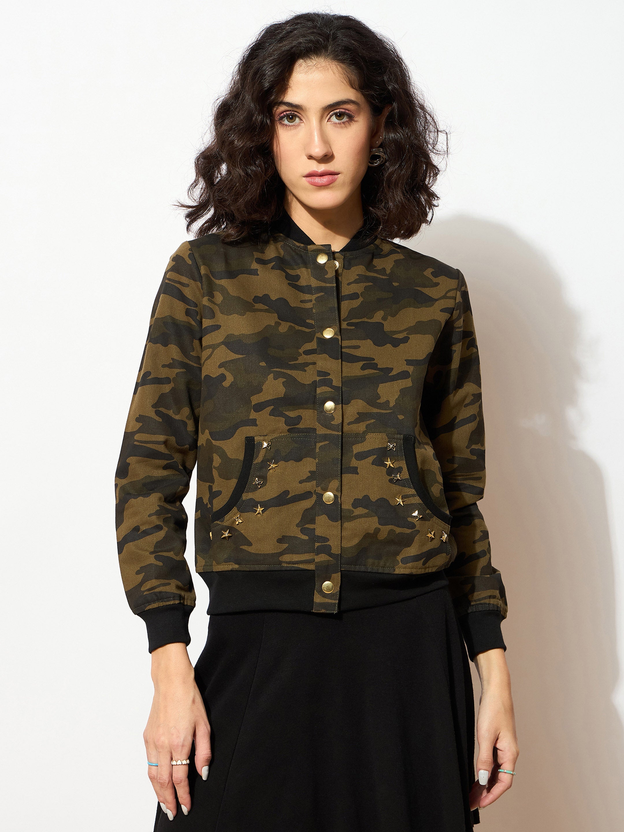 Women Camouflage Buttoned Bomber Jacket-SFJCKT6144