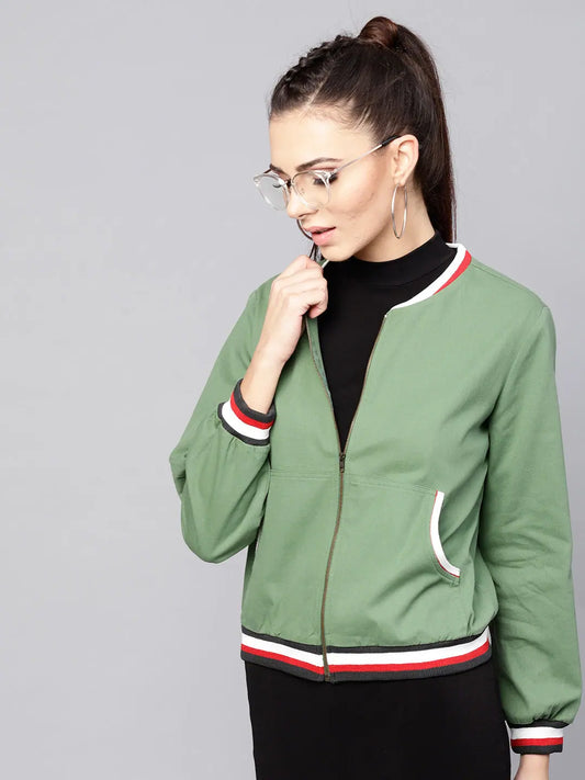 Women Solid Olive Round Neck Full Sleeve Jacket 1080
