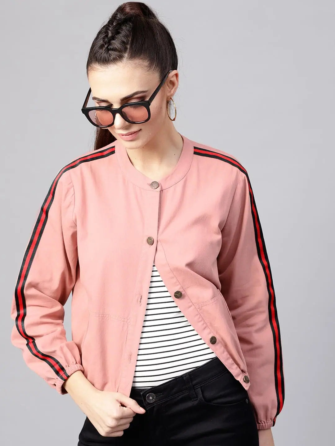 Women Solid Pink Round Neck Full Sleeve Jacket