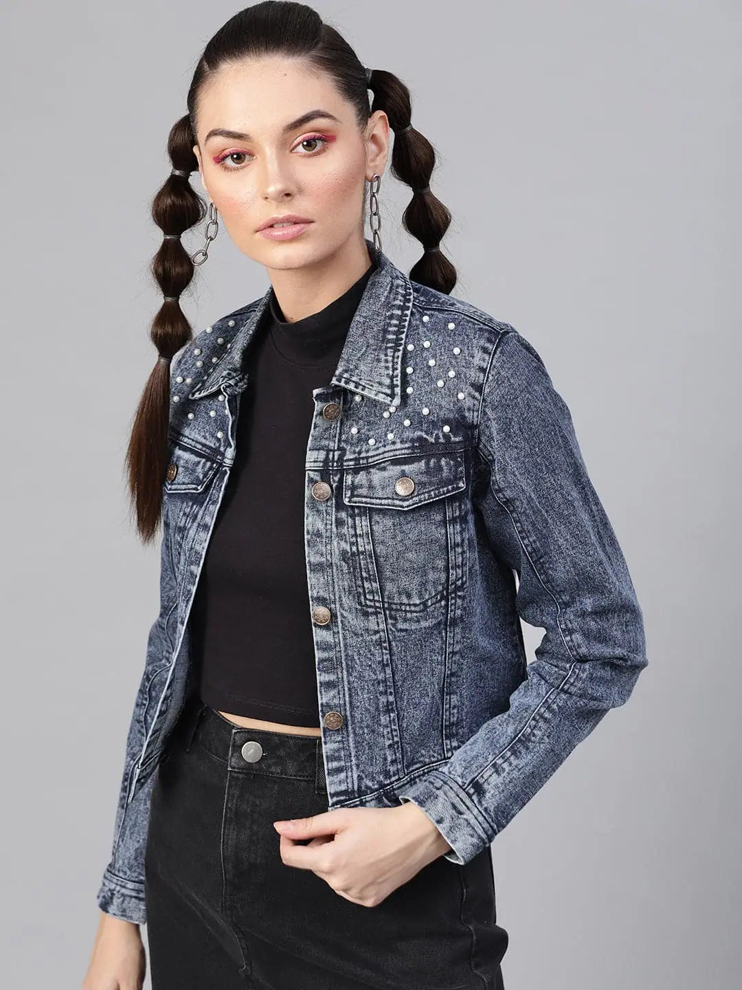 Blue Pearl Studded Jacket - Trendy Women's Outerwear Online