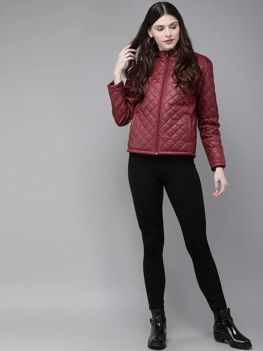 Women Solid Burgundy Full Sleeve Jacket