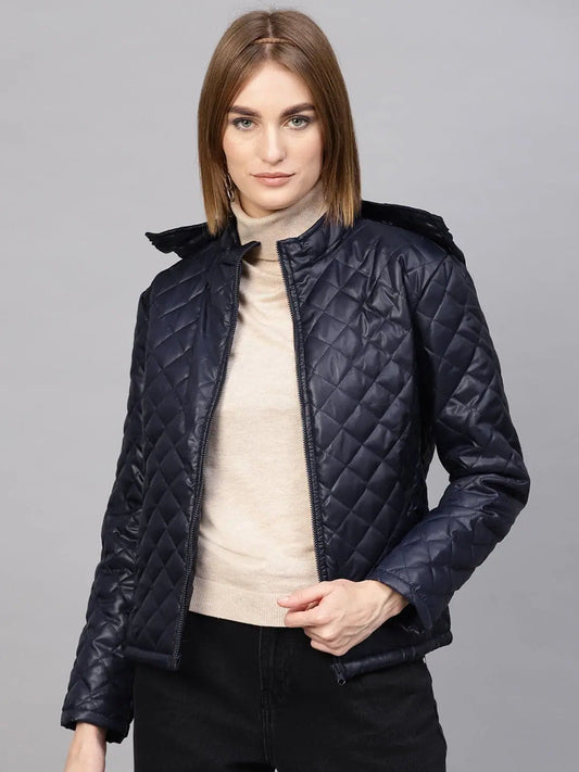 Women Solid Navy Full Sleeve Jacket 1080