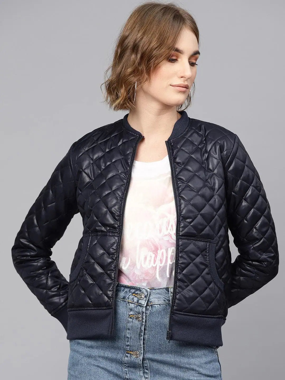 Navy Quilted Bomber Jacket - Trendy Women's Fashion Outerwear