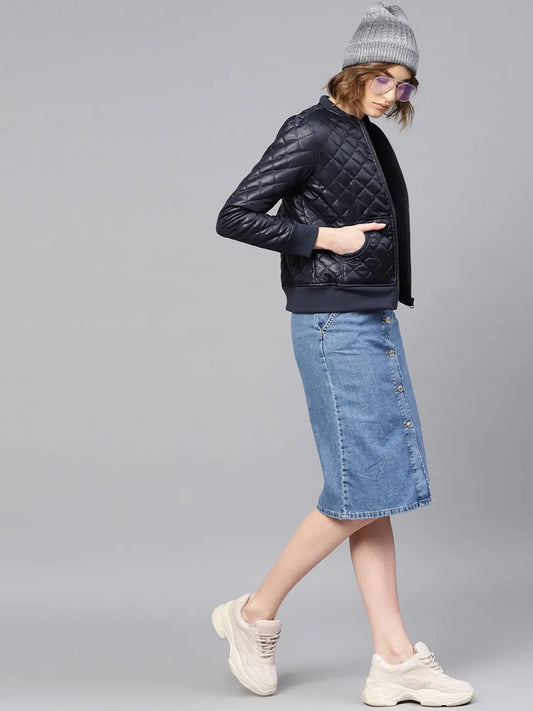 Women Solid Navy Full Sleeve Jacket 1080