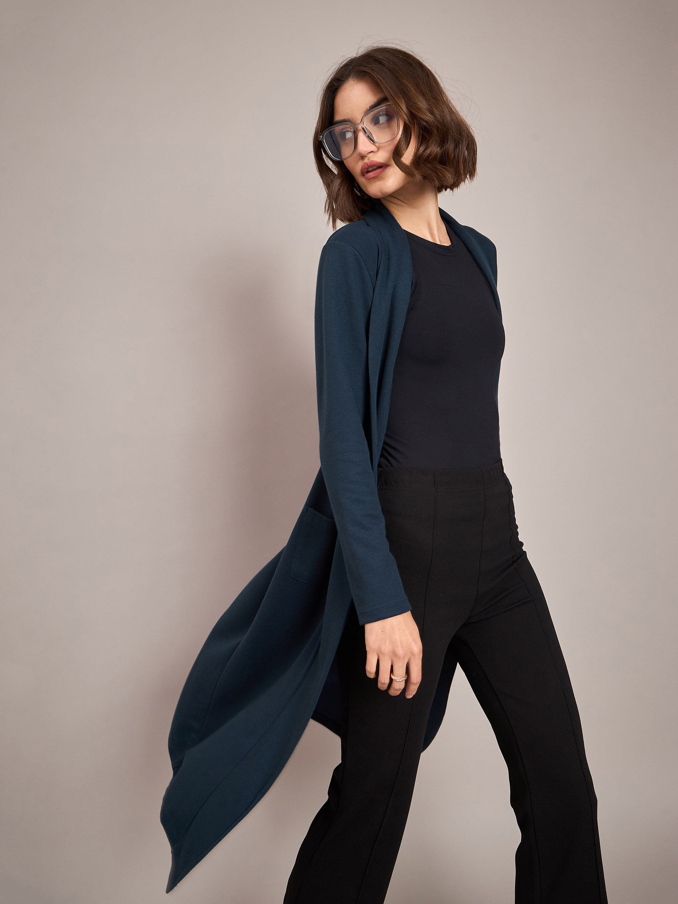 Women Teal Rib Longline Shrug-SFJCKT6228