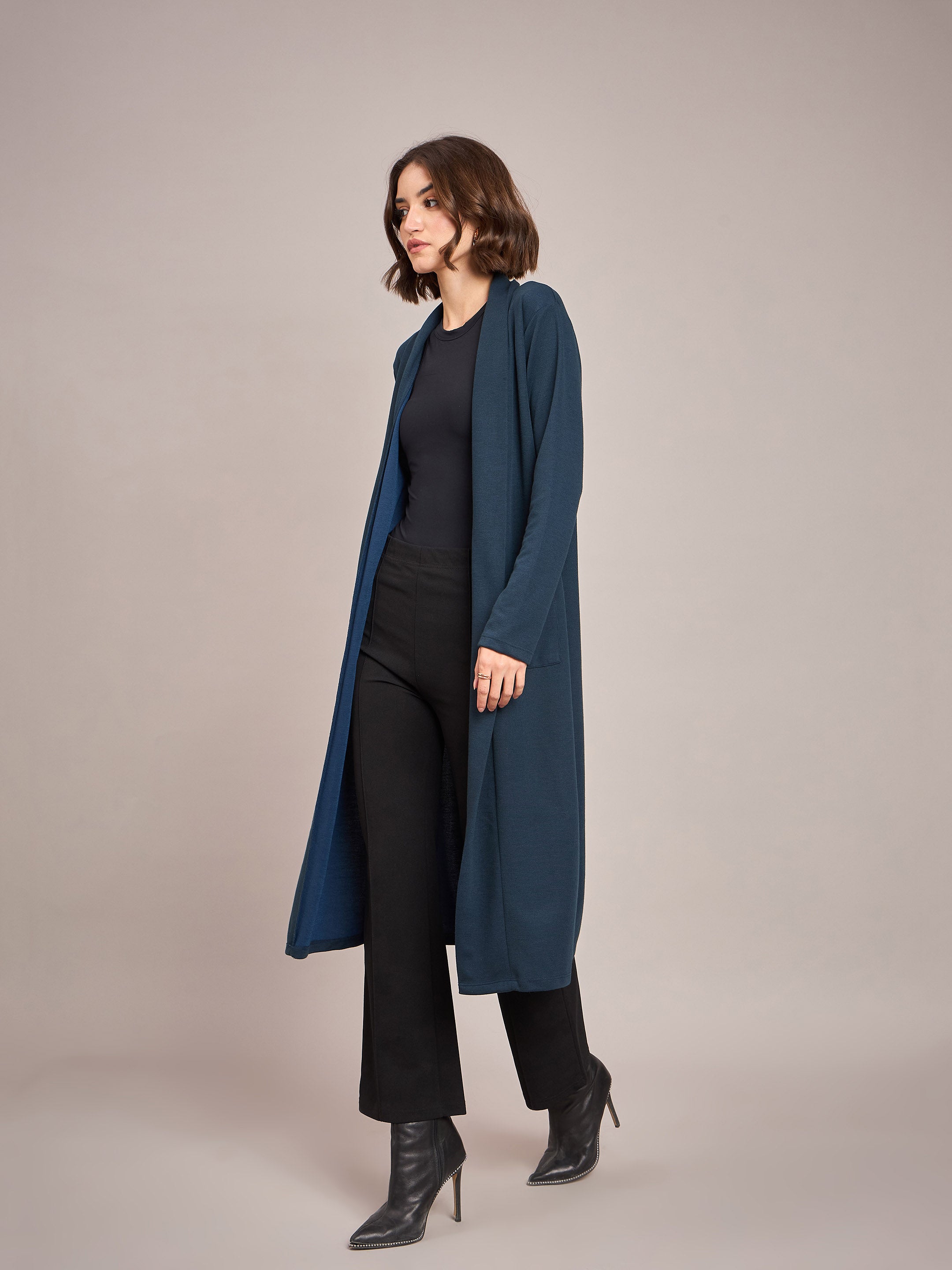 Women Teal Rib Longline Shrug-SFJCKT6228
