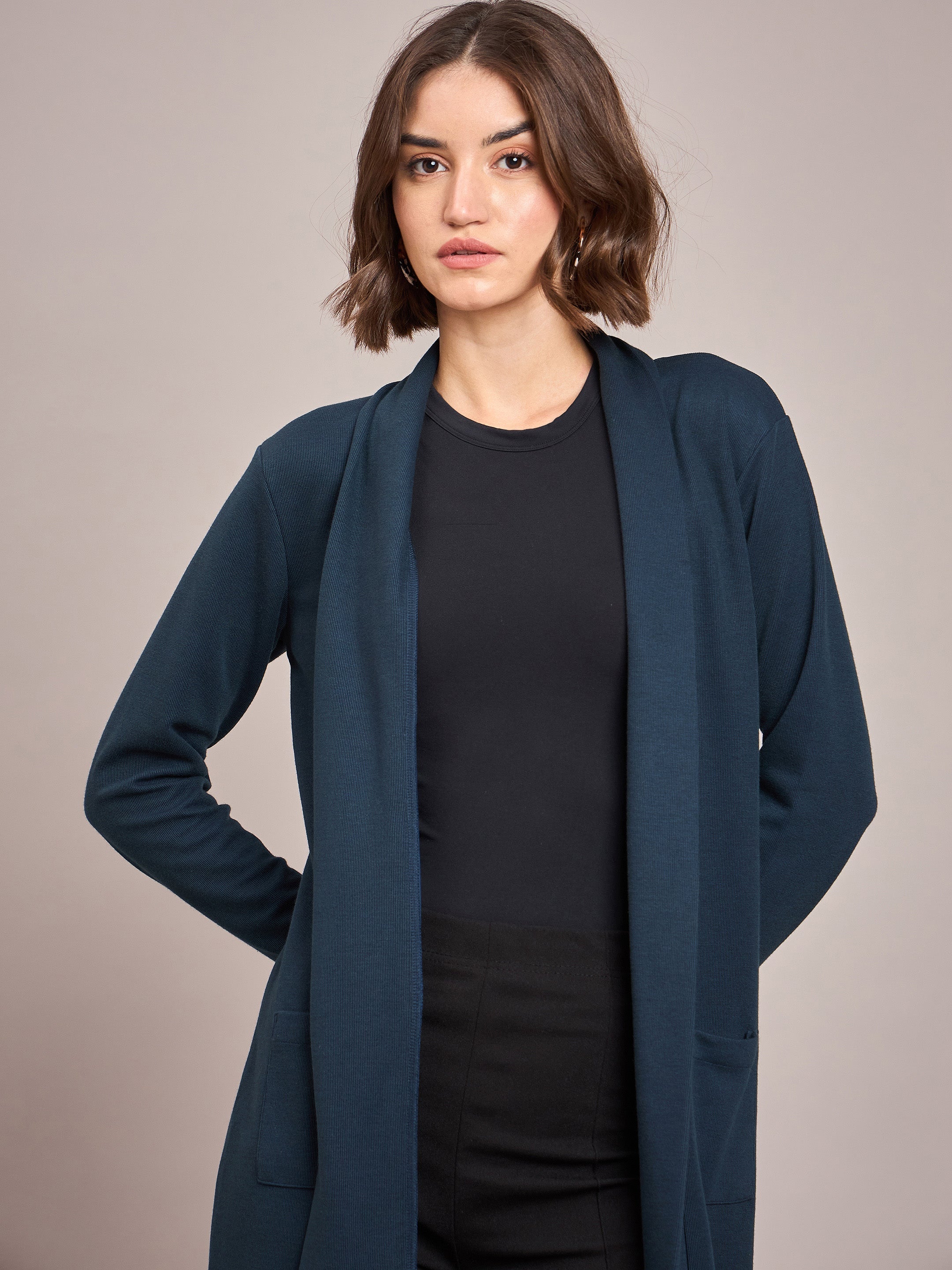Women Teal Rib Longline Shrug-SFJCKT6228