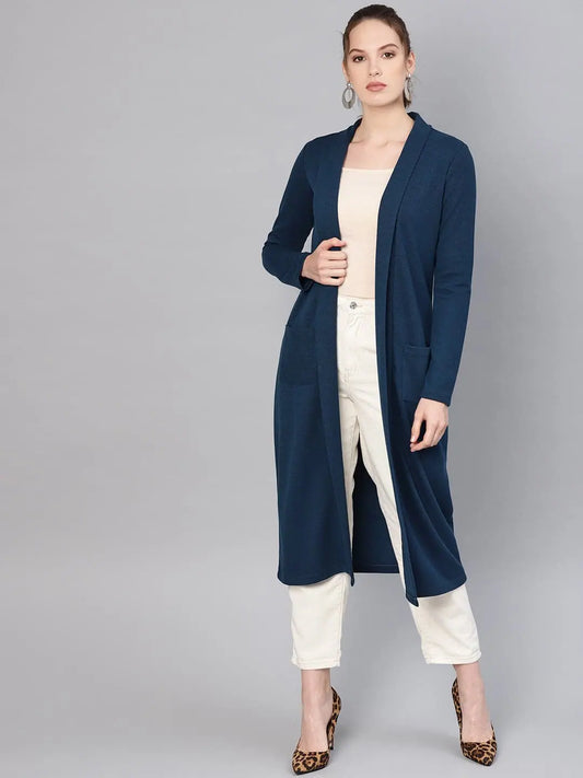 Women Solid Teal Full Sleeve Jacket 1080