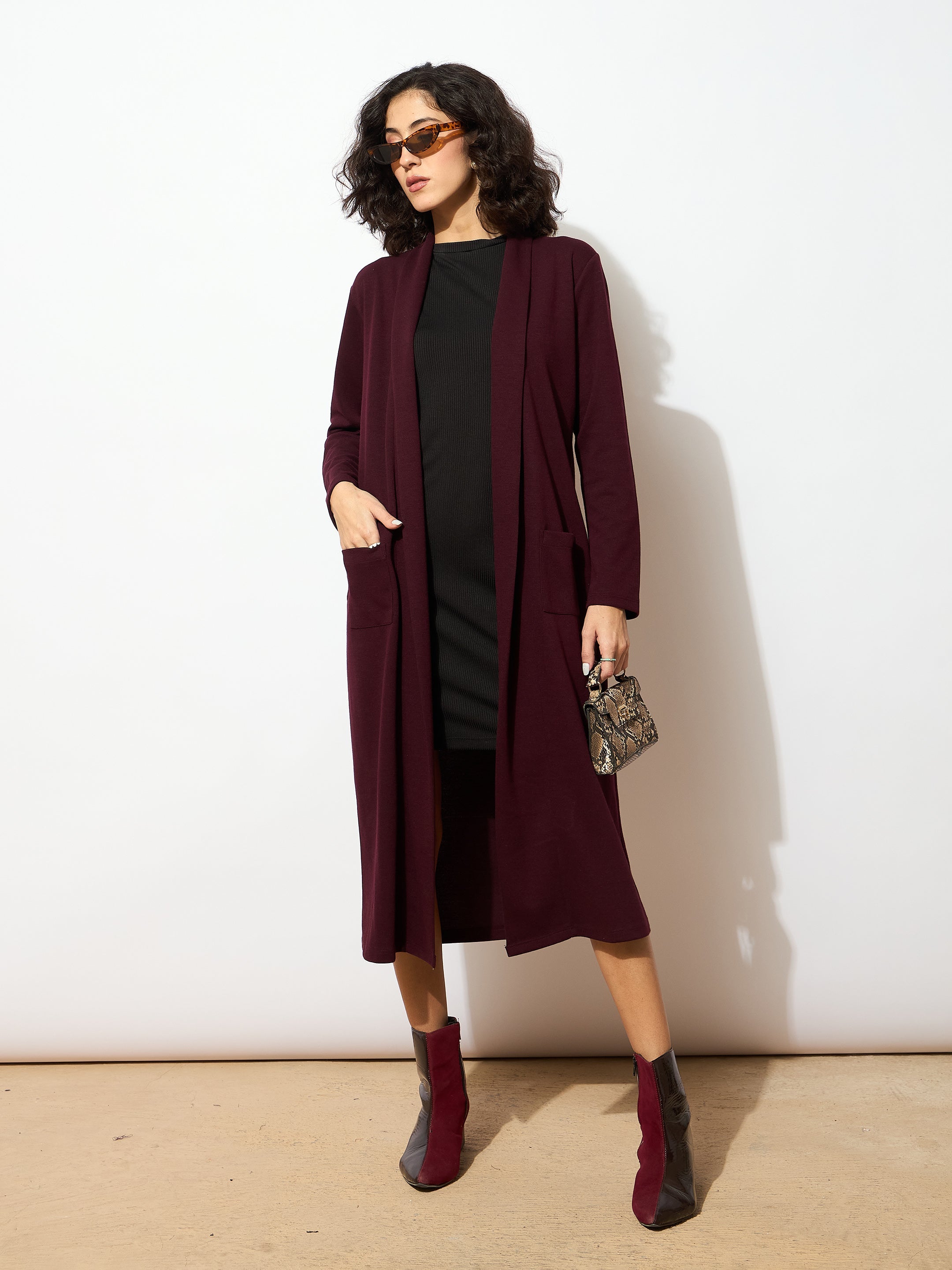 Women Burgundy Rib Longline Shrug-SFJCKT6229