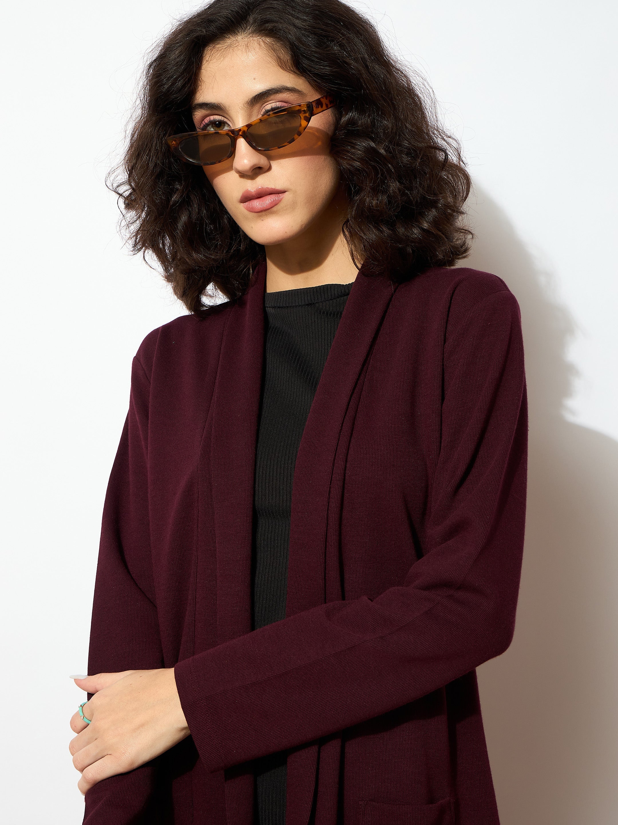 Women Burgundy Rib Longline Shrug-SFJCKT6229